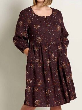 Toad & Co Manzana Tiered Long Sleeve Ditsy Floral Midi Dress Size M Burgundy EUC
